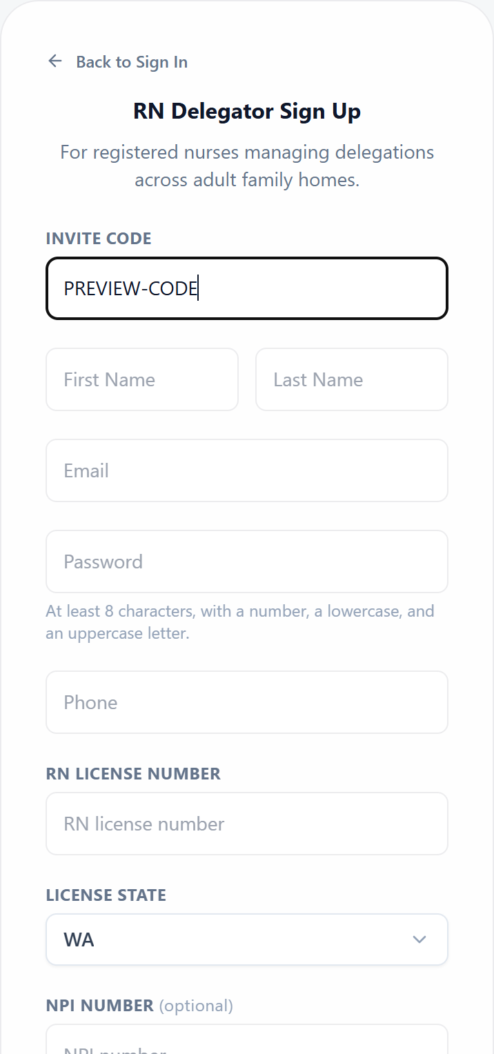 The RN delegator sign up form, with an invite code field and fields for name, email, password, phone, and RN license number.