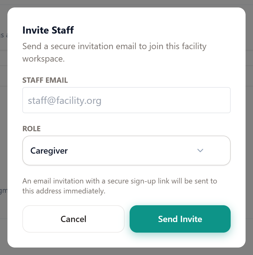 The Invite Staff modal with fields for staff email and role, and a Send Invite button.