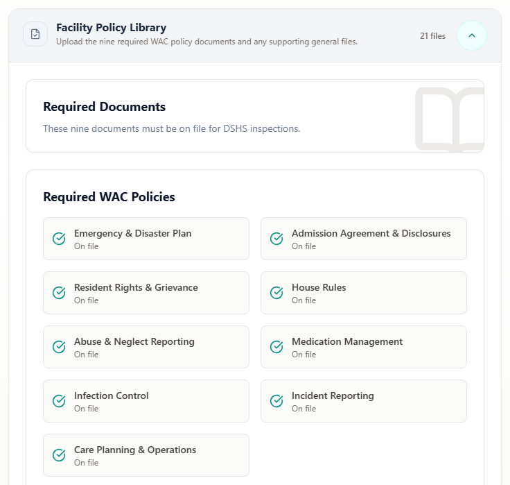 The Required WAC Policies grid, showing nine policy categories each marked On file.